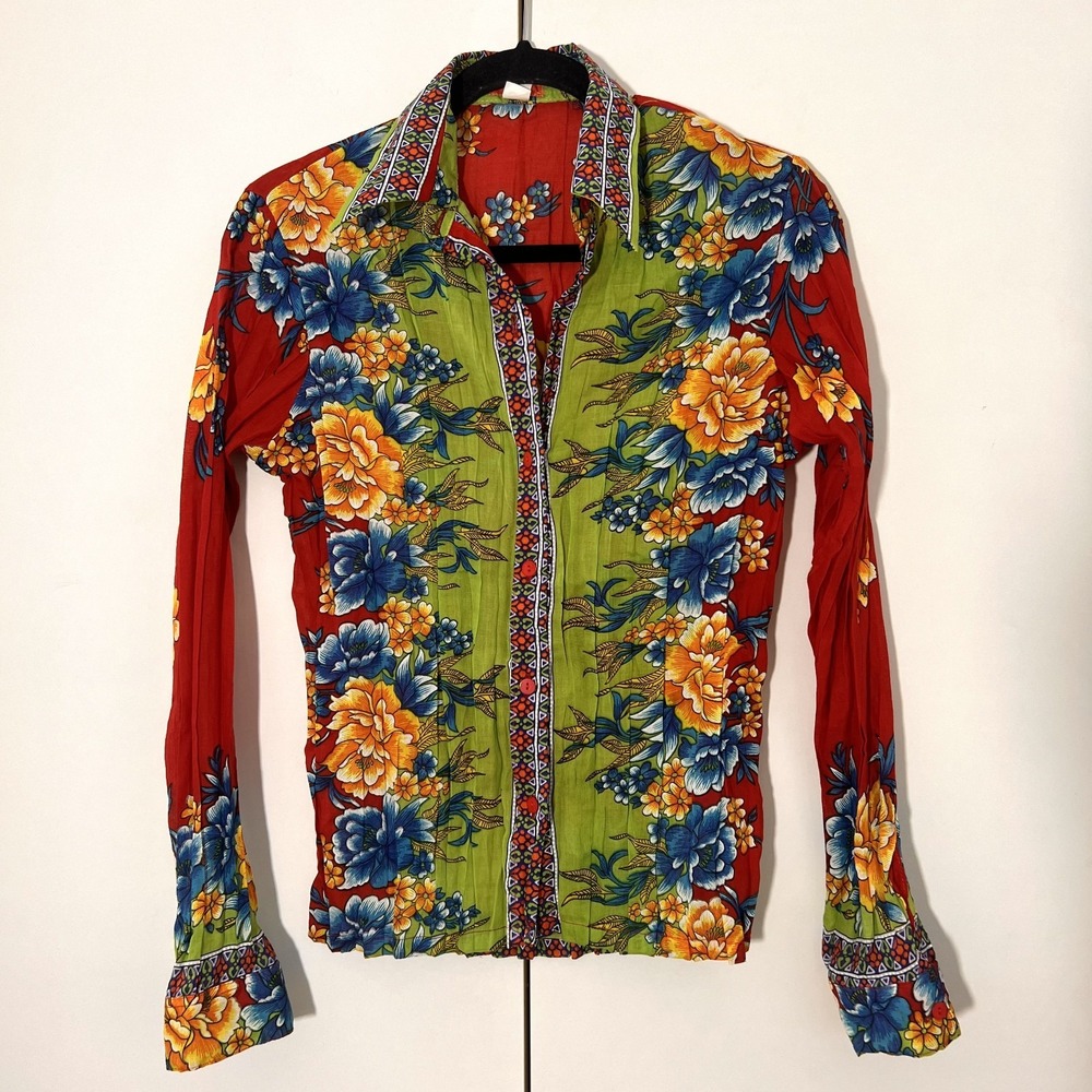Roberta Freymann Shirt Small Multicolor Floral Crinkle Resort Boho Tropical